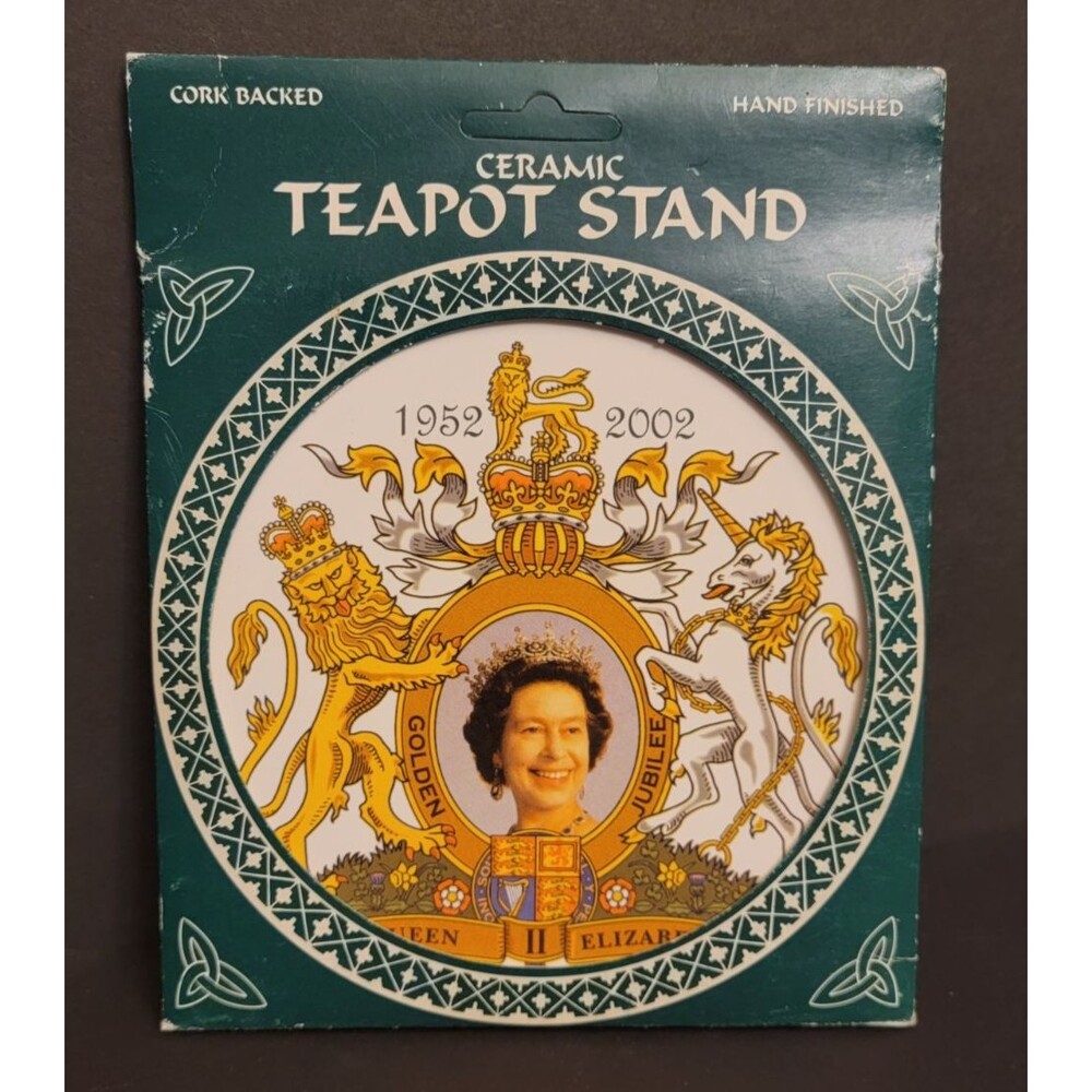 Vtg Ceramic Teapot Stand Celebrating 2002 Golden Jubilee of Queen Elizabeth 11